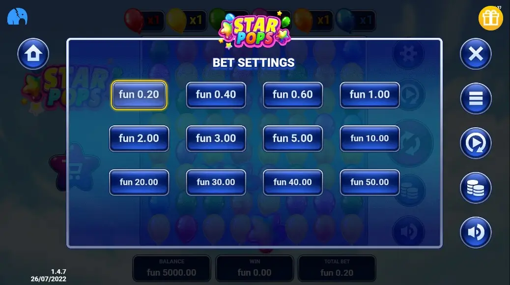 Einsatz einstellen bei Star Pops